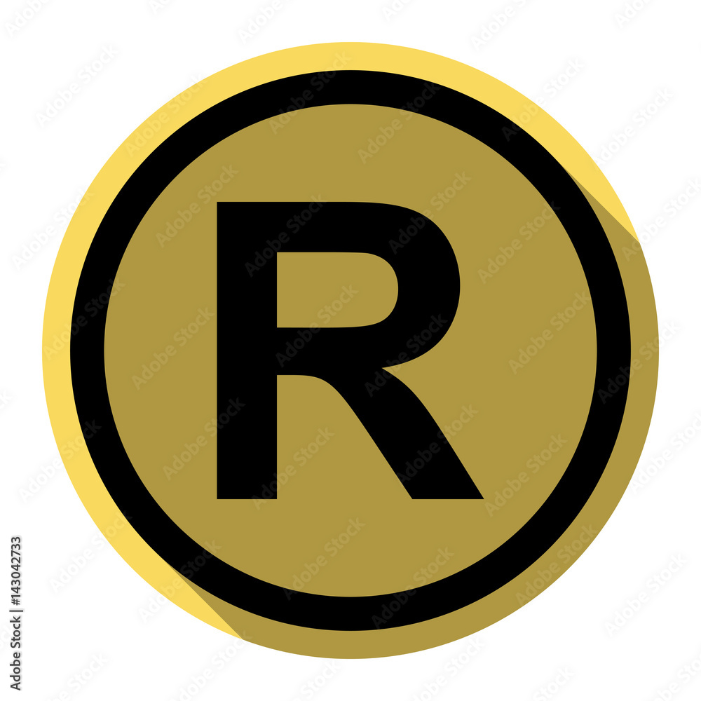 Registered Trademark sign. Vector. Flat black icon with flat shadow on royal yellow circle with white background. Isolated. Registered Trademark sign. Vector. Flat black icon with flat shadow on royal yellow circle with white background. Isolated.