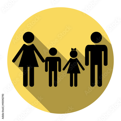 Family sign. Vector. Flat black icon with flat shadow on royal yellow circle with white background. Isolated.