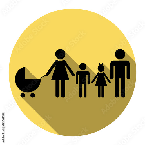 Family sign illustration. Vector. Flat black icon with flat shadow on royal yellow circle with white background. Isolated.