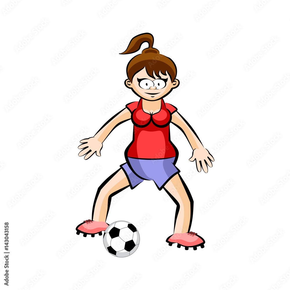 Female Soccer Player with Ball - Vector Cartoon isolated