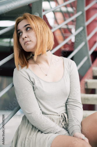 Young girl on business center background