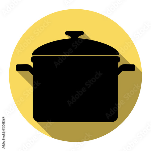 Cooking pan sign. Vector. Flat black icon with flat shadow on royal yellow circle with white background. Isolated.