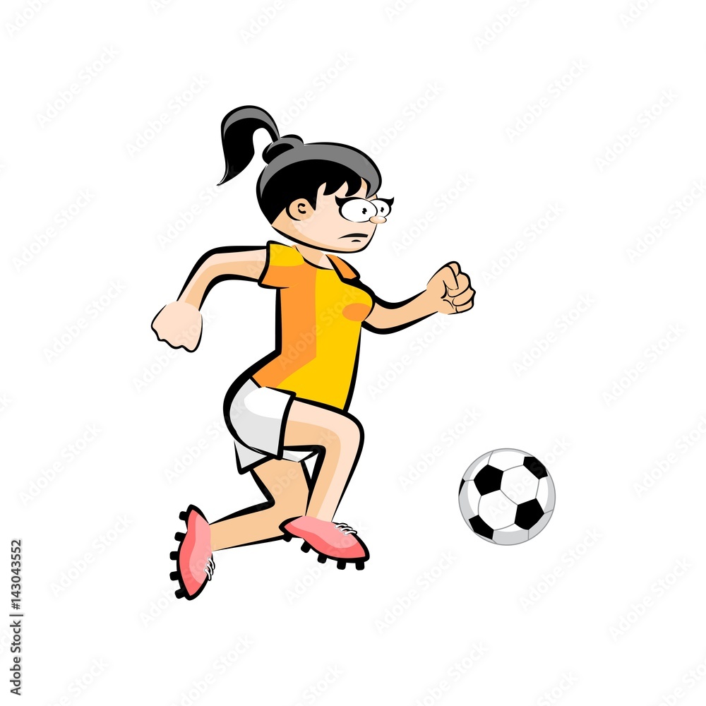 Female Soccer Player with Ball - Vector Cartoon isolated