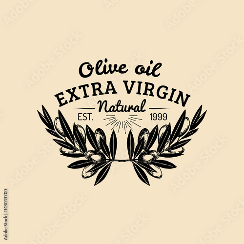 Vector vintage olive logo. Retro emblem with branches. Hand sketched natural extra virgin oil production sign.