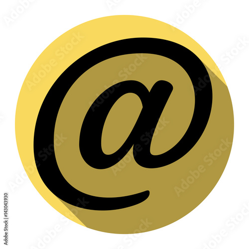 Mail sign illustration. Vector. Flat black icon with flat shadow on royal yellow circle with white background. Isolated.