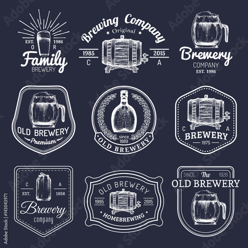 Old brewery logos set. Kraft beer retro signs or icons with hand sketched glass, barrel, mug etc. Vector vintage labels.