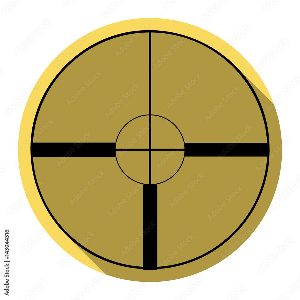 Sight sign illustration. Vector. Flat black icon with flat shadow on royal yellow circle with white background. Isolated. Sight sign illustration. Vector. Flat black icon with flat shadow on royal yellow circle with white background. Isolated.