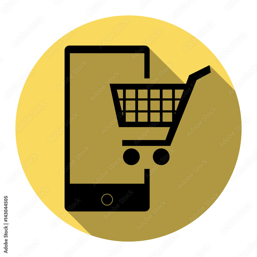 Shopping on smart phone sign. Vector. Flat black icon with flat shadow on royal yellow circle with white background. Isolated. Shopping on smart phone sign. Vector. Flat black icon with flat shadow on royal yellow circle with white background. Isolated.