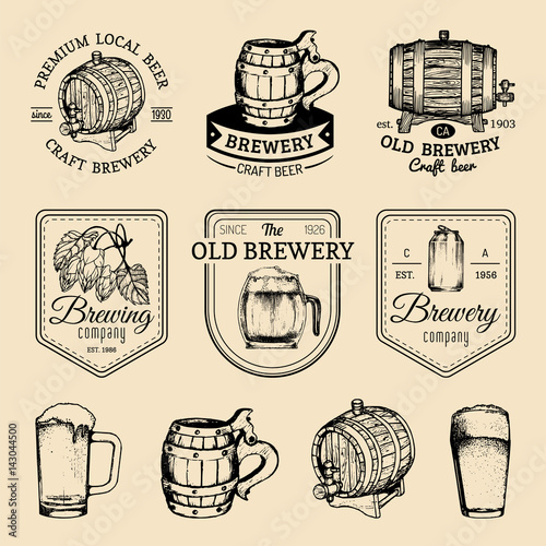 Old brewery logos set. Kraft beer retro signs or icons with hand sketched glass, barrel etc. Vector vintage badges.
