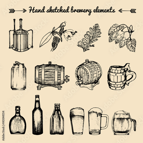 Vector set of vintage brewery elements. Retro collection with beer signs. Barrels, bottles etc. sketched illustrations.