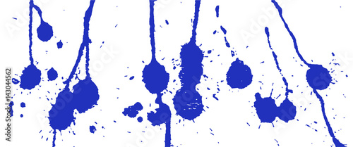Blue ink splash. Paint splatter. Blue blots on white. Ink stains. Ink Splatter Background. Blue and white vector illustration. Ink stains and strokes. Abstract background. Grunge vector template. 