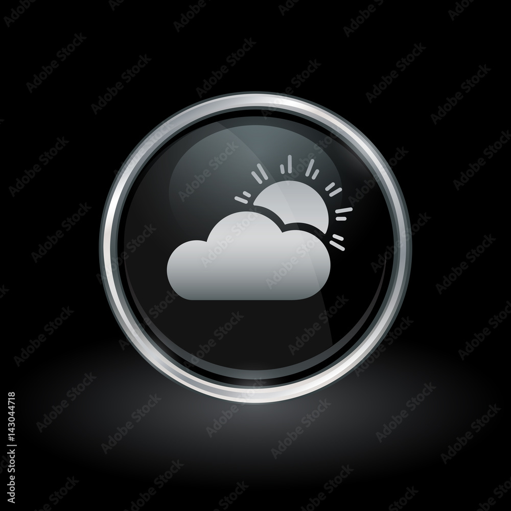 Weather symbol with sun and clouds icon inside round chrome silver and black button emblem on black background. Vector illustration. Weather symbol with sun and clouds icon inside round chrome silver and black button emblem on black background. Vector illustration.