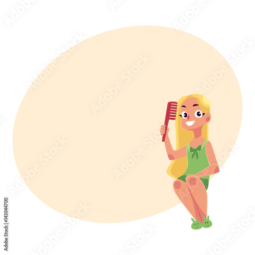 Little girl in nightgown and slippers combing her clean, long, fair hair, cartoon vector illustration with place for text. Girl combing hair, evening routine