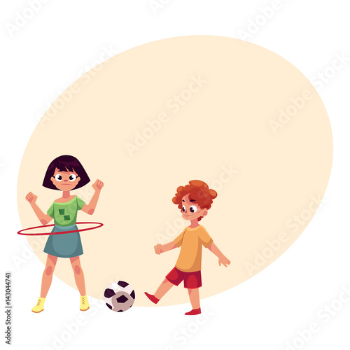 Boy and girl playing football and spinning hula hoop at playground, cartoon vector illustrationwith place for text. Two friends playing at playground, summer outdoor activity concept