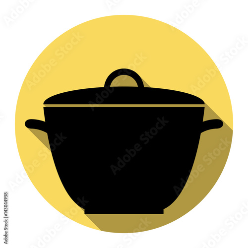 Saucepan simple sign. Vector. Flat black icon with flat shadow on royal yellow circle with white background. Isolated.