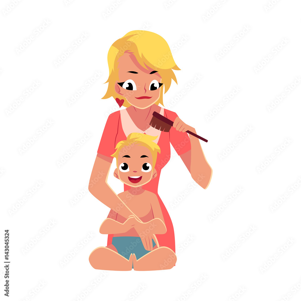 Young mother combing her baby's hair after bath, half length portrait,  cartoon vector illustration isolated on white background. Blond mother combing  hair for her baby, child care concept Stock Vector | Adobe