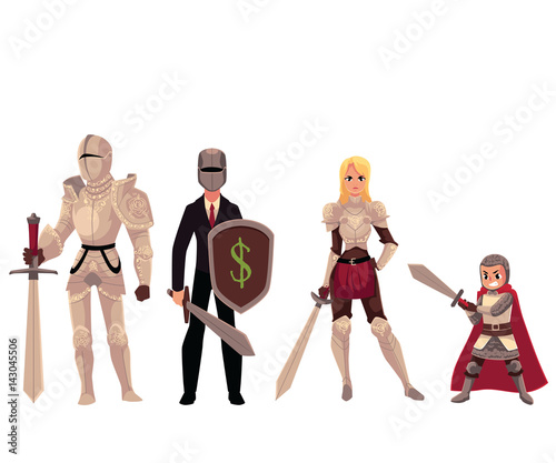 Set of modern and medieval knights, man, boy and woman, cartoon vector illustration isolated on white background. Full length portrait of medieval armored knight characters holding swards and shields