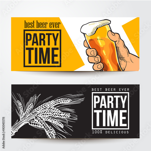 Banners with hand holding glass of beer, barley and place for text, sketch vector illustration isolated on white background. Beer party banner, label design, decoration with beer glass and malt
