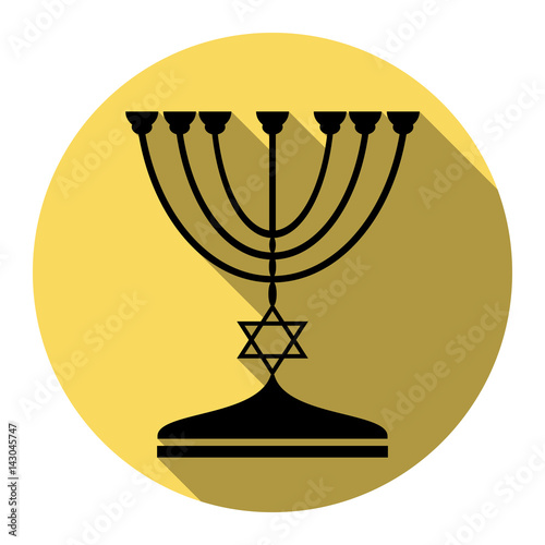 Jewish Menorah candlestick in black silhouette. Vector. Flat black icon with flat shadow on royal yellow circle with white background. Isolated.