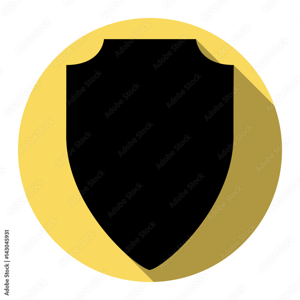 Shield sign illustration. Vector. Flat black icon with flat shadow on royal yellow circle with white background. Isolated. Shield sign illustration. Vector. Flat black icon with flat shadow on royal yellow circle with white background. Isolated.