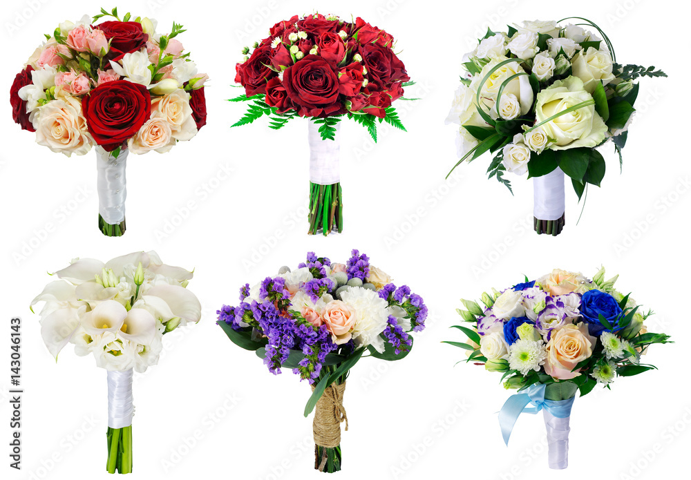 Obraz premium Set of wedding bouquets on white background, bouquet of the bride