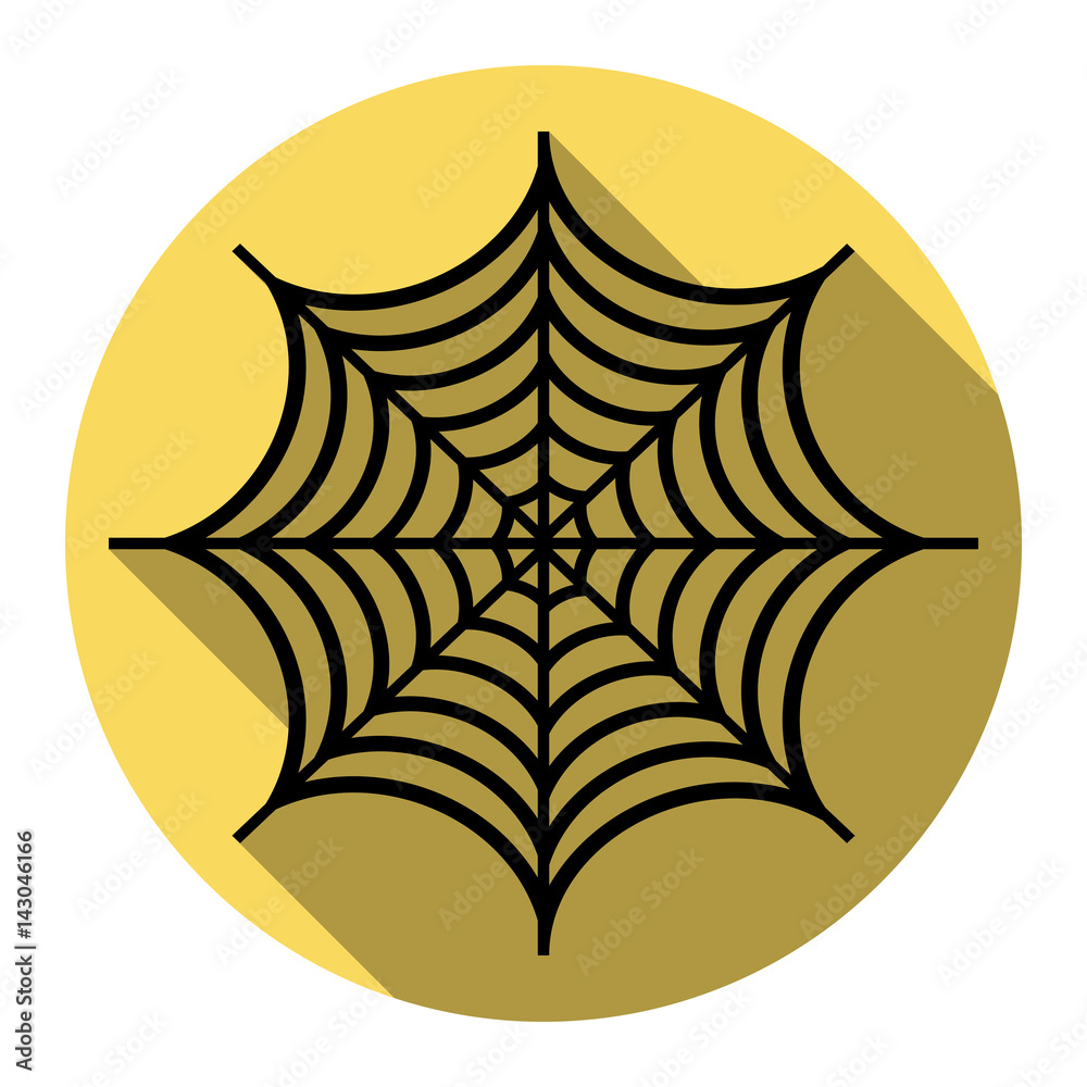 Spider on web illustration. Vector. Flat black icon with flat shadow on royal yellow circle with white background. Isolated. Spider on web illustration. Vector. Flat black icon with flat shadow on royal yellow circle with white background. Isolated.