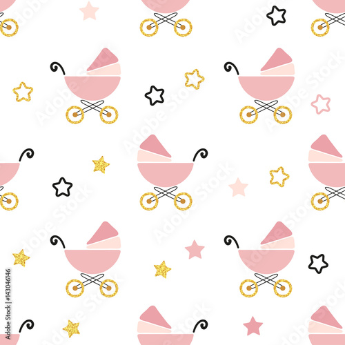 Baby shower seamless pattern. Vector background with pink carriages and stars. 