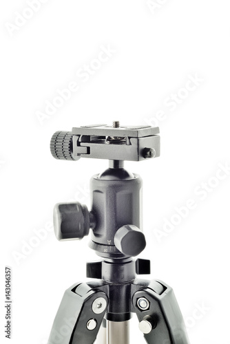 Camera stand (tripod) with ball head and plate in black colour on white background.
