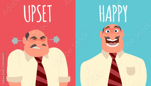 Happy and angry man. Flat style modern vector illustration.