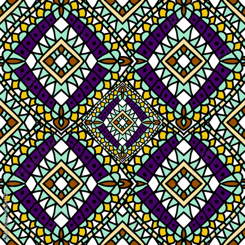Green purple Autumn geometric ethnic seamless pattern Doodle style, hand made design. Bright colored Mexican, Indian, Moroccan pattern for textiles, packaging wrapper paper.