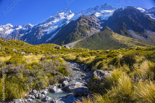 Mount Tasman Valleys , Aoraki Mt Cook national park Southern Alps mountain South Island New Zealand. © nelzajamal