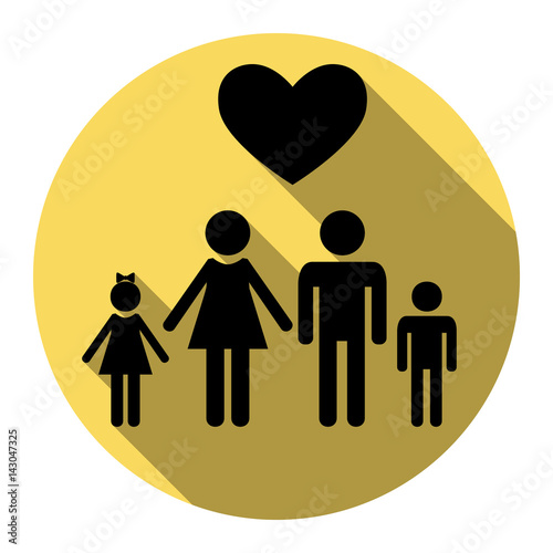 Family symbol with heart. Husband and wife are kept children's hands. Love. Vector. Flat black icon with flat shadow on royal yellow circle with white background. Isolated.