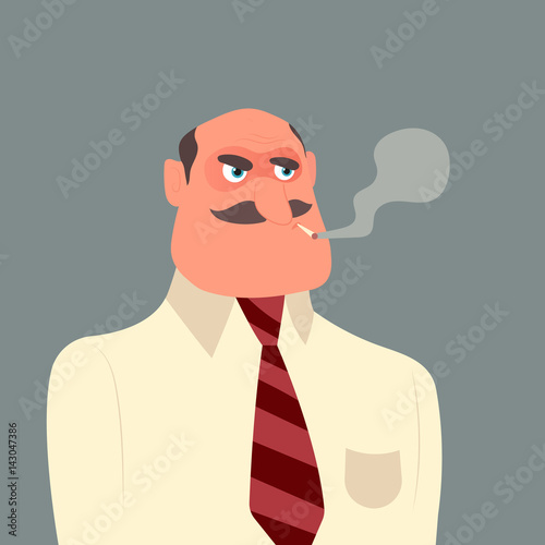 Funny cartoon character of angry boss smoking cigarette. Vector Illustration