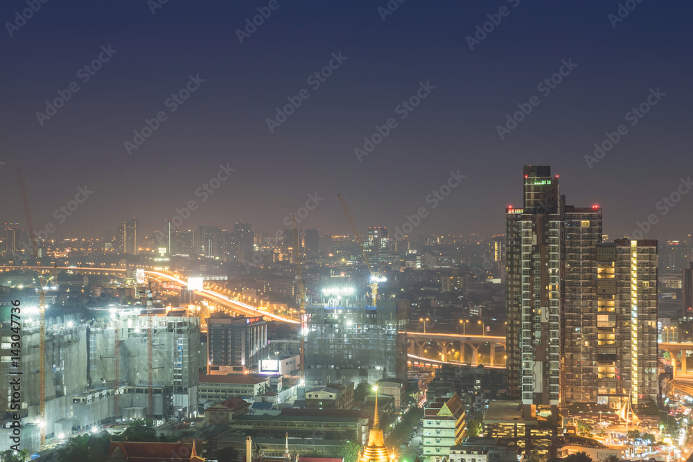 Landscape of building view at night in bangkok thailand with copy space