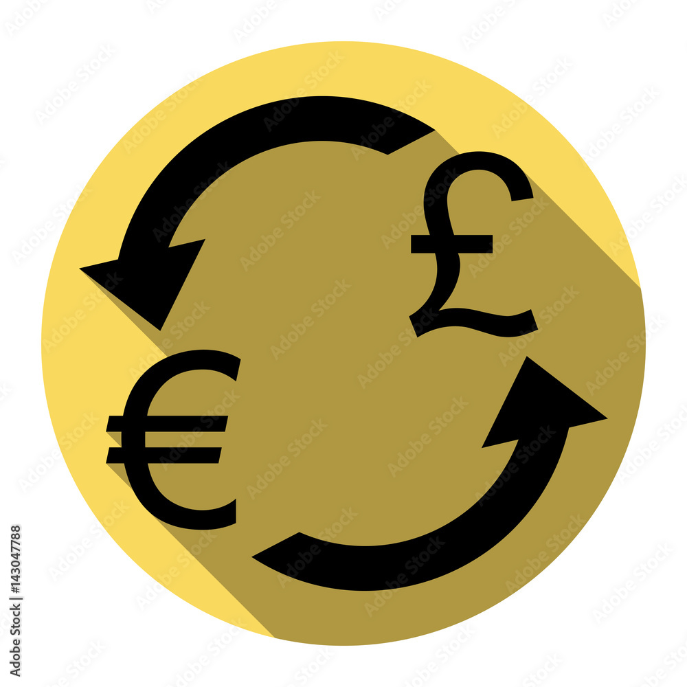 Fototapeta premium Currency exchange sign. Euro and UK Pound. Vector. Flat black icon with flat shadow on royal yellow circle with white background. Isolated.