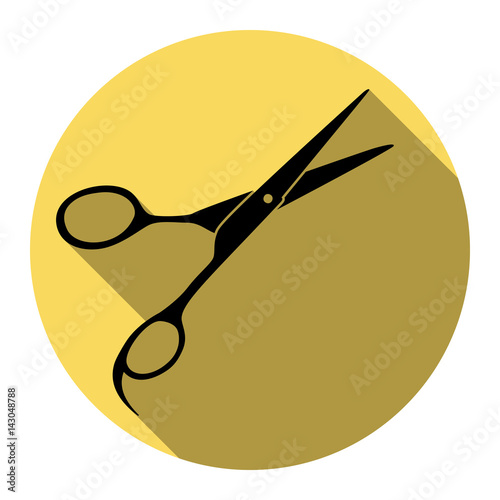 Hair cutting scissors sign. Vector. Flat black icon with flat shadow on royal yellow circle with white background. Isolated. photo