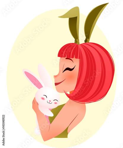 Easter bunny girl illustration. Young smiling girl wearing bunny ears hugs bunny
