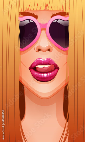 Close-up of sexy blonde woman's face in glasses licking her beautiful pink lips
