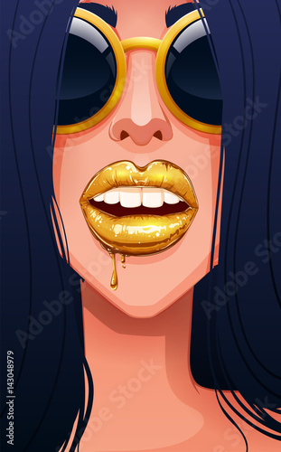 Close-up of sexy woman's face in glasses, lips with dripping gold lipgloss