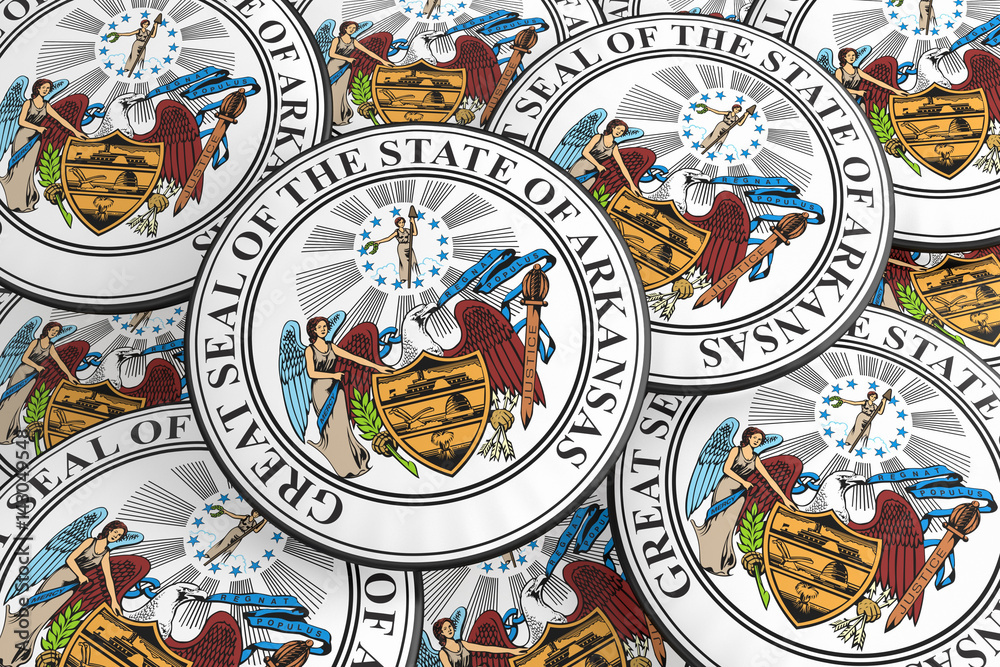 US State Buttons: Pile of Arkansas Seal Badges, 3d illustration