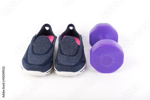 Blue sport shoes and dumbbell on white background,exercise project