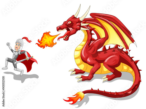 Cartoon knight with fierce dragon. Vector illustration