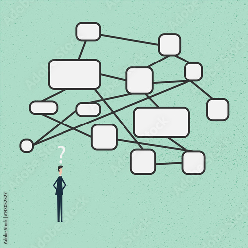 Minimalist stile vector mind map concept, business man looking at the scheme of hierarchy, management of organization, organogram