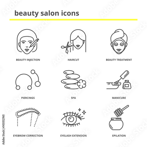 Beauty salon icons set: injection, haircut, treatment, piercings, spa, manicure, eyebrow correction, eyelashes extension, epilation