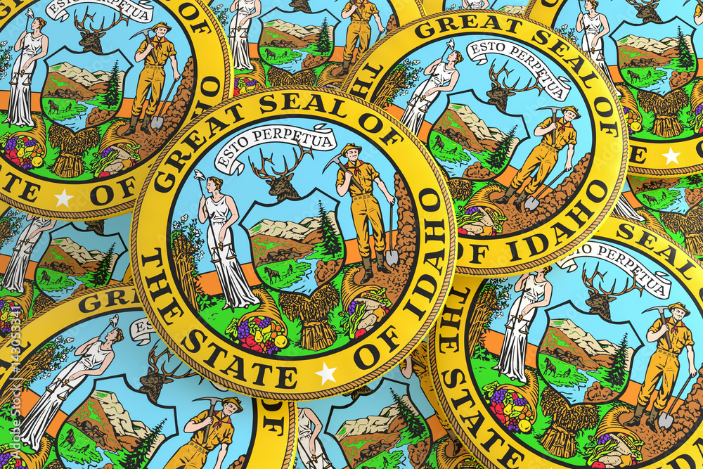 US State Buttons: Pile of Idaho Seal Badges, 3d illustration