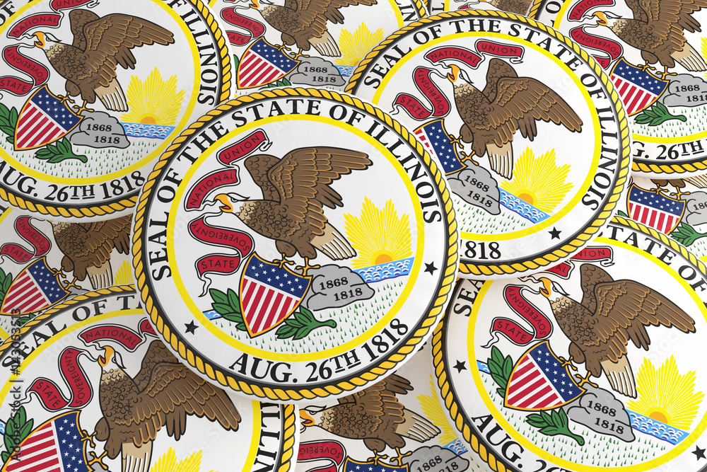US State Buttons: Pile of Illinois Seal Badges, 3d illustration