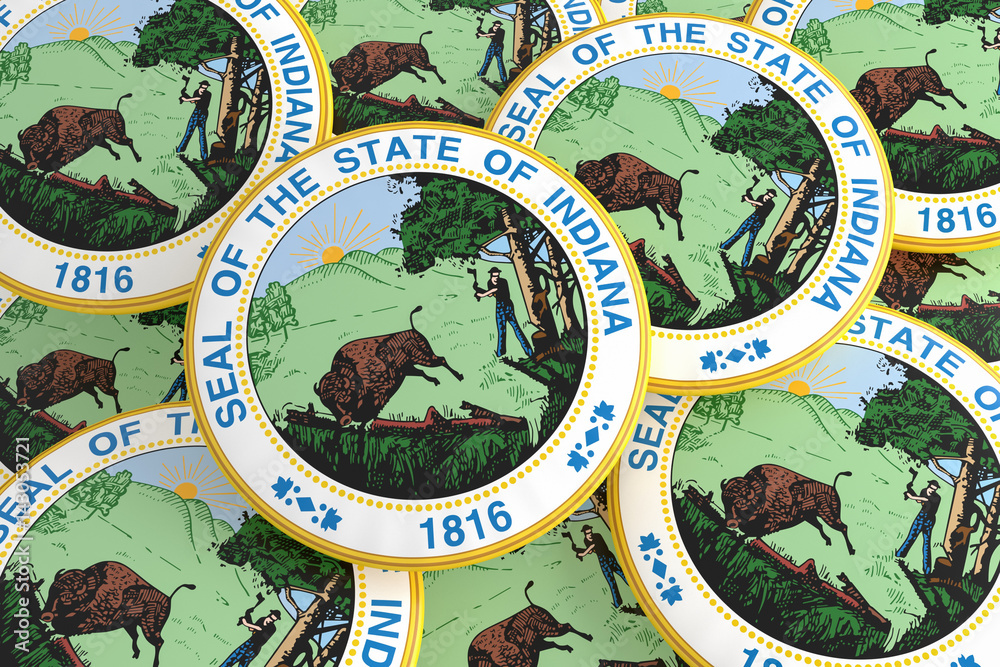 US State Buttons: Pile of Indiana Seal Badges, 3d illustration