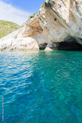 Beautiful lanscape of sea snd white caved rocks, Zakinthos island, Greece © neirfy