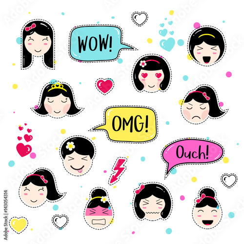 Set of cute patch badges. Girl emoji with different emotions and hairstyles. Kawaii emoticons, speech bubbles wow, omg, ouch. Set of stickers, pins in anime style. Isolated vector illustration.