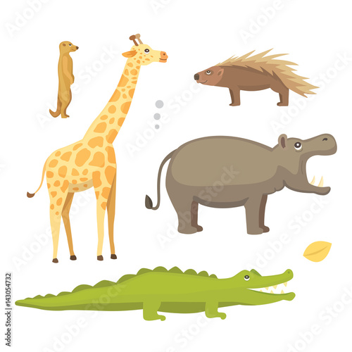 Fototapeta Naklejka Na Ścianę i Meble -  African animals cartoon vector set. elephant, rhino, giraffe, cheetah, zebra, hyena, lion, hippo, crocodile, gorila and outhers. safari isolated illustration.